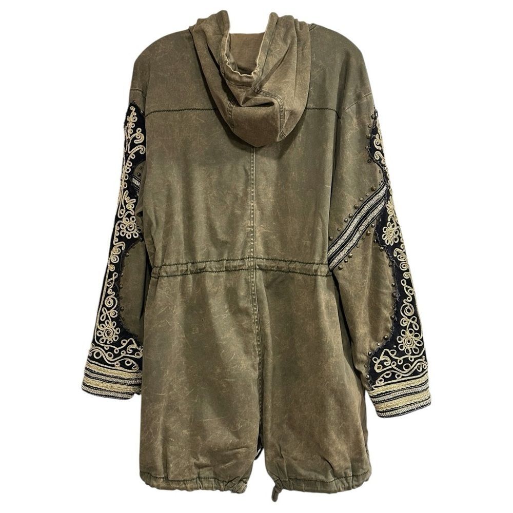 FREE PEOPLE Golden Quills Military Parka Jacket Coat Green Rhinestones M RARE - Picture 11 of 16